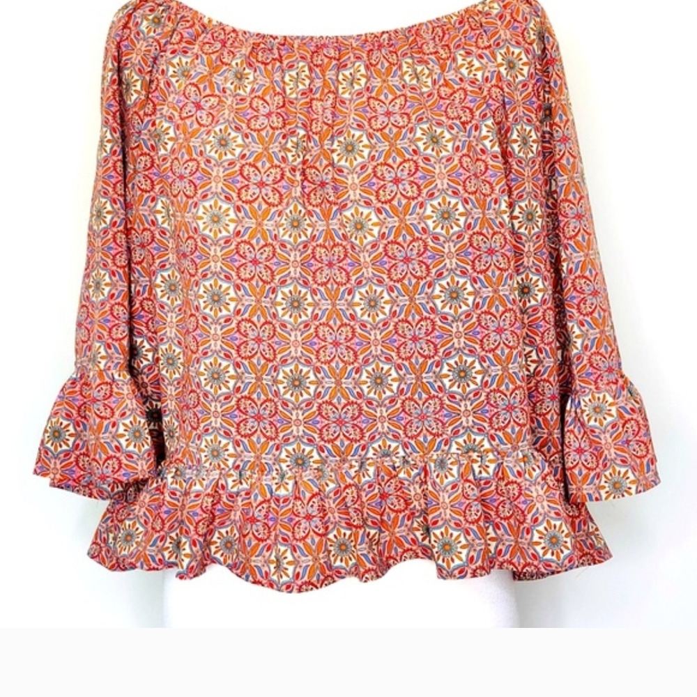 Sanctuary Off-Shoulder Floral Mosaic Ruffle Tunic - Red & Gold